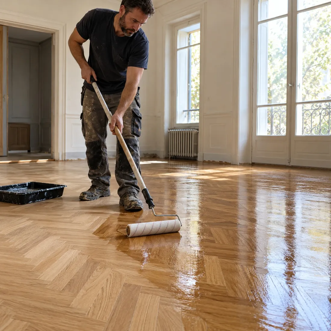 Aplicación de plastificado con rodillo sobre parquet recién pulido