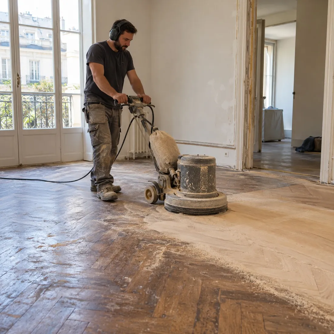 Pulidora sacando la capa gastada de un parquet en espiga